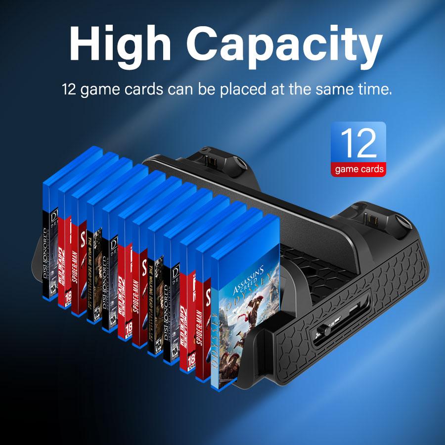 PS4 Vertical Cooling Stand with Dual Controller Station and Game Storage, designed for efficient cooling and organization.